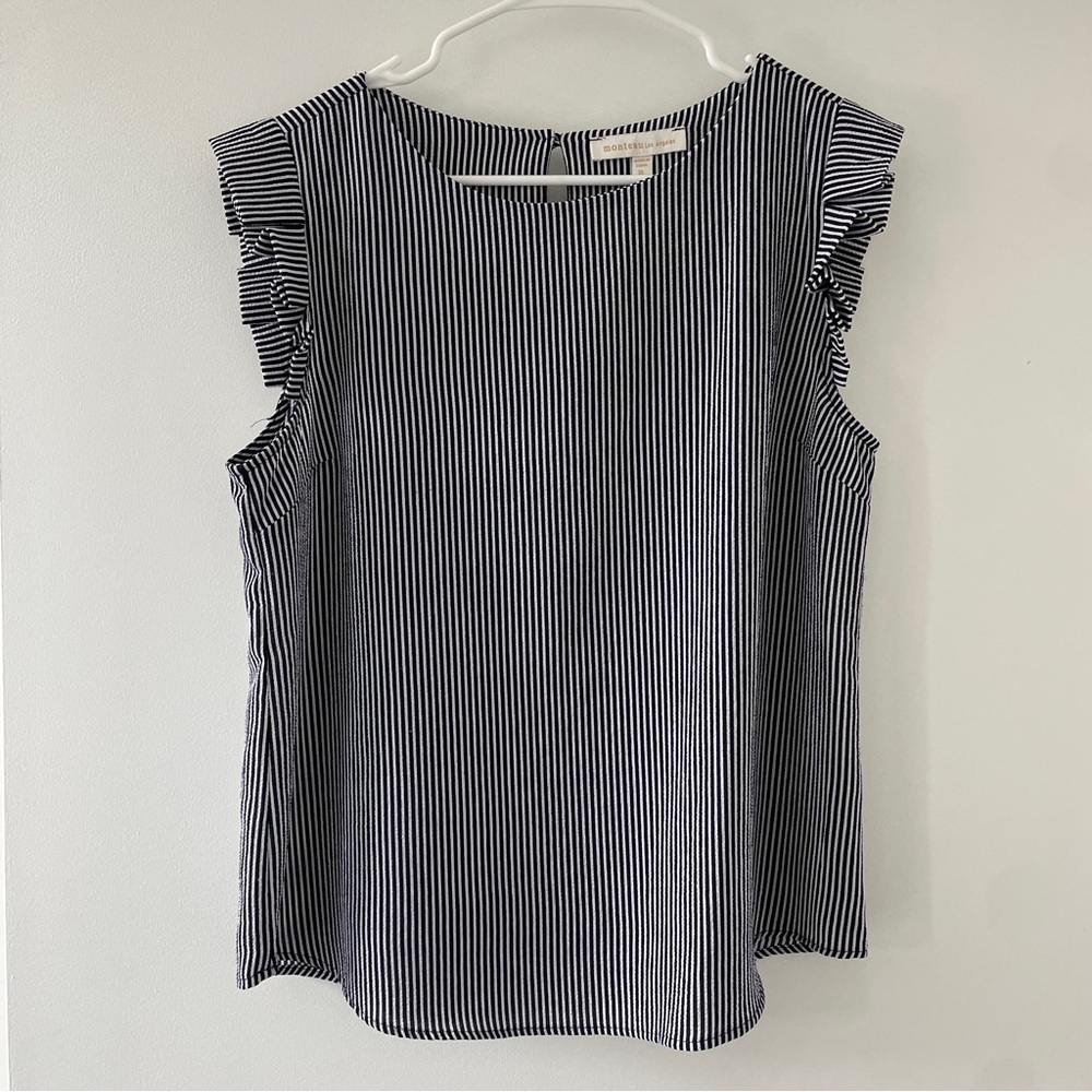 Monteau Black & White Vertical Stripe Ruffle Sleeve Camisole